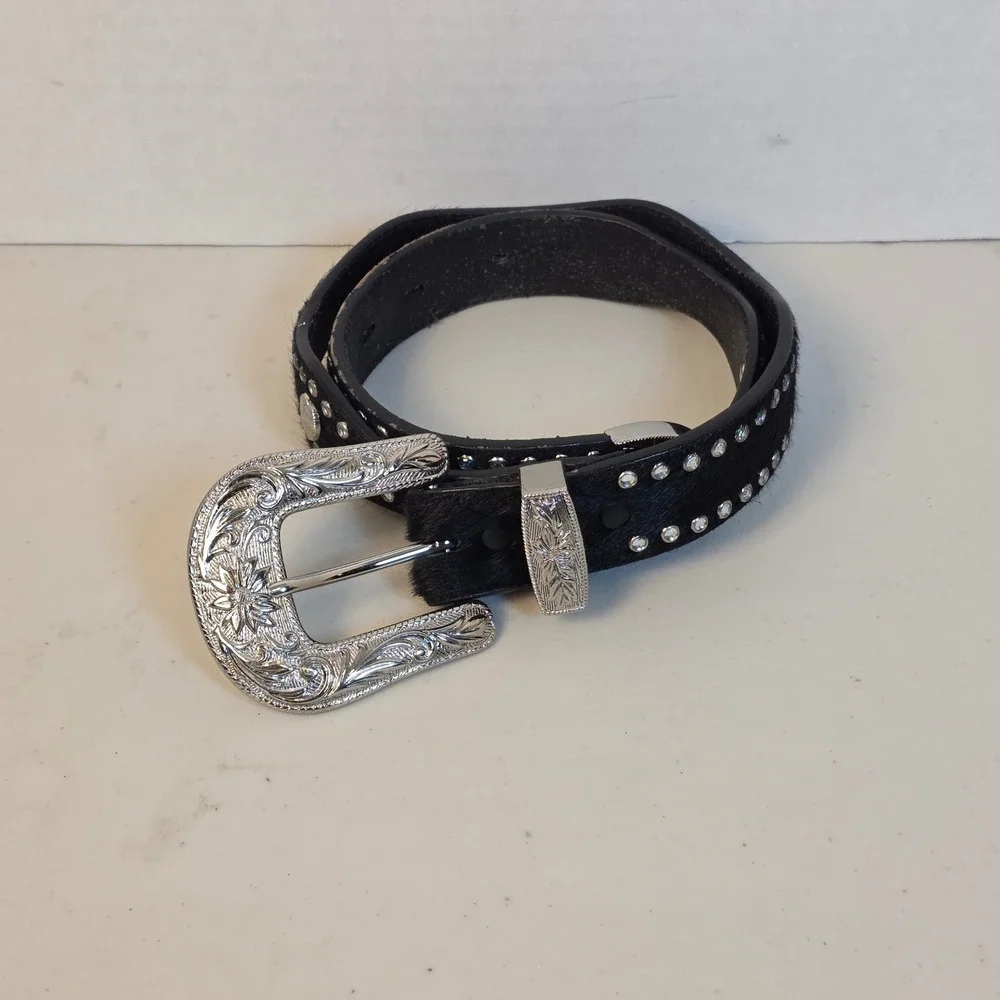 3D Belt DDD Womens 30 Black Leather Western Hair on Hide Rhinestone Studded Belt
